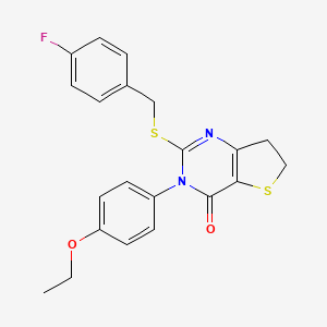 molecular formula C21H19FN2O2S2 B2787521 3-(4-Ethoxyphenyl)-2-[(4-fluorophenyl)methylsulfanyl]-6,7-dihydrothieno[3,2-d]pyrimidin-4-one CAS No. 850915-74-1