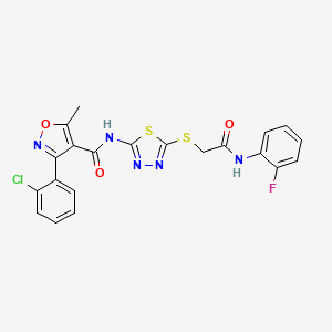 molecular formula C21H15ClFN5O3S2 B2787618 3-(2-chlorophenyl)-N-(5-((2-((2-fluorophenyl)amino)-2-oxoethyl)thio)-1,3,4-thiadiazol-2-yl)-5-methylisoxazole-4-carboxamide CAS No. 391869-26-4