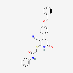molecular formula C27H23N3O3S B2787667 2-((4-(4-(benzyloxy)phenyl)-3-cyano-6-oxo-1,4,5,6-tetrahydropyridin-2-yl)thio)-N-phenylacetamide CAS No. 488134-92-5
