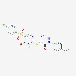 molecular formula C22H22ClN3O4S2 B2787680 2-((5-((4-chlorophenyl)sulfonyl)-6-oxo-1,6-dihydropyrimidin-2-yl)thio)-N-(4-ethylphenyl)butanamide CAS No. 866843-99-4