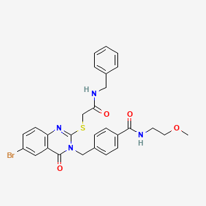 molecular formula C28H27BrN4O4S B2787691 4-[[2-[2-(benzylamino)-2-oxoethyl]sulfanyl-6-bromo-4-oxoquinazolin-3-yl]methyl]-N-(2-methoxyethyl)benzamide CAS No. 422288-54-8