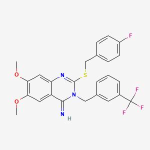 molecular formula C25H21F4N3O2S B2787788 2-[(4-fluorobenzyl)sulfanyl]-6,7-dimethoxy-3-[3-(trifluoromethyl)benzyl]-4(3H)-quinazolinimine CAS No. 439093-89-7