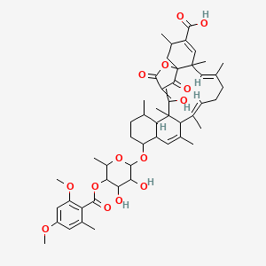molecular formula C50H64O14 B2788044 (7E,11E,23E)-17-[5-(2,4-Dimethoxy-6-methylbenzoyl)oxy-3,4-dihydroxy-6-methyloxan-2-yl]oxy-23-hydroxy-3,6,8,12,14,20,22-heptamethyl-25,27-dioxo-26-oxapentacyclo[22.2.1.01,6.013,22.016,21]heptacosa-4,7,11,14,23-pentaene-4-carboxylic acid CAS No. 205433-82-5