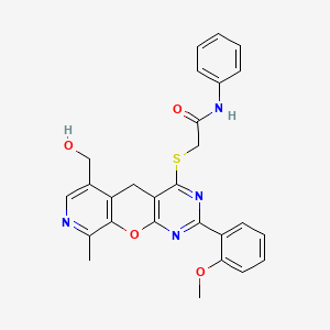 molecular formula C27H24N4O4S B2788050 2-((6-(hydroxymethyl)-2-(2-methoxyphenyl)-9-methyl-5H-pyrido[4',3':5,6]pyrano[2,3-d]pyrimidin-4-yl)thio)-N-phenylacetamide CAS No. 892379-70-3