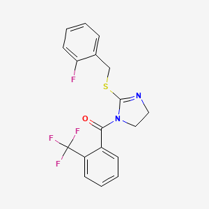 molecular formula C18H14F4N2OS B2788166 [2-[(2-Fluorophenyl)methylsulfanyl]-4,5-dihydroimidazol-1-yl]-[2-(trifluoromethyl)phenyl]methanone CAS No. 851807-06-2