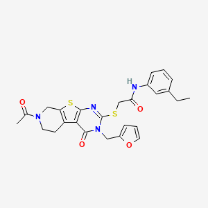 molecular formula C26H26N4O4S2 B2788193 2-((7-acetyl-3-(furan-2-ylmethyl)-4-oxo-3,4,5,6,7,8-hexahydropyrido[4',3':4,5]thieno[2,3-d]pyrimidin-2-yl)thio)-N-(3-ethylphenyl)acetamide CAS No. 1185080-69-6