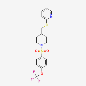 molecular formula C18H19F3N2O3S2 B2788195 2-(((1-((4-(Trifluoromethoxy)phenyl)sulfonyl)piperidin-4-yl)methyl)thio)pyridine CAS No. 1421482-51-0