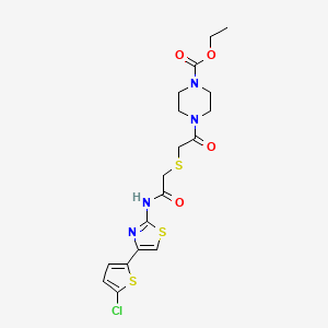 molecular formula C18H21ClN4O4S3 B2788250 Ethyl 4-[2-[2-[[4-(5-chlorothiophen-2-yl)-1,3-thiazol-2-yl]amino]-2-oxoethyl]sulfanylacetyl]piperazine-1-carboxylate CAS No. 681224-90-8