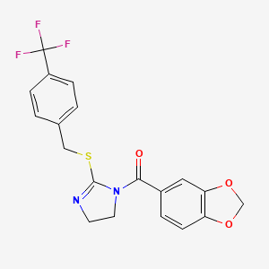 molecular formula C19H15F3N2O3S B2788293 benzo[d][1,3]dioxol-5-yl(2-((4-(trifluoromethyl)benzyl)thio)-4,5-dihydro-1H-imidazol-1-yl)methanone CAS No. 851806-11-6