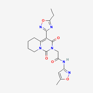 molecular formula C18H20N6O5 B2788330 2-[4-(5-ethyl-1,2,4-oxadiazol-3-yl)-1,3-dioxo-5,6,7,8-tetrahydro-1H-pyrido[1,2-c]pyrimidin-2(3H)-yl]-N-(5-methyl-3-isoxazolyl)acetamide CAS No. 1775420-90-0