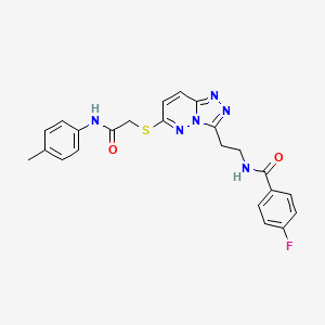 molecular formula C23H21FN6O2S B2788348 4-fluoro-N-(2-(6-((2-oxo-2-(p-tolylamino)ethyl)thio)-[1,2,4]triazolo[4,3-b]pyridazin-3-yl)ethyl)benzamide CAS No. 897619-61-3