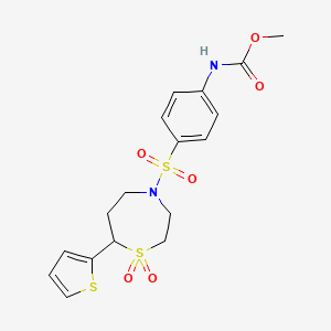 molecular formula C17H20N2O6S3 B2788415 Methyl (4-((1,1-dioxido-7-(thiophen-2-yl)-1,4-thiazepan-4-yl)sulfonyl)phenyl)carbamate CAS No. 2034382-38-0