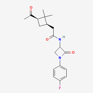 molecular formula C19H23FN2O3 B2788425 2-[(1R,3R)-3-Acetyl-2,2-dimethylcyclobutyl]-N-[1-(4-fluorophenyl)-2-oxoazetidin-3-yl]acetamide CAS No. 2223130-48-9