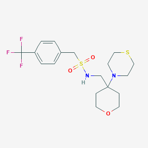 molecular formula C18H25F3N2O3S2 B2788449 N-[(4-Thiomorpholin-4-yloxan-4-yl)methyl]-1-[4-(trifluoromethyl)phenyl]methanesulfonamide CAS No. 2415622-18-1