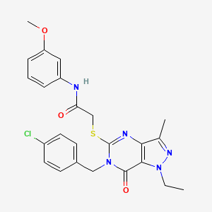 molecular formula C24H24ClN5O3S B2788475 2-({6-[(4-chlorophenyl)methyl]-1-ethyl-3-methyl-7-oxo-1H,6H,7H-pyrazolo[4,3-d]pyrimidin-5-yl}sulfanyl)-N-(3-methoxyphenyl)acetamide CAS No. 1358708-53-8