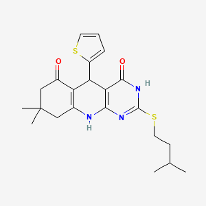 2-(isopentylthio)-8,8-dimethyl-5-(thiophen-2-yl)-7,8,9,10-tetrahydropyrimido[4,5-b]quinoline-4,6(3H,5H)-dione
