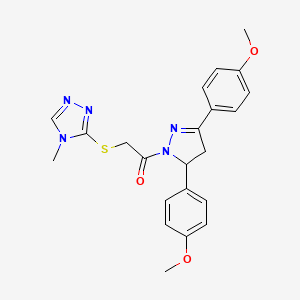 molecular formula C22H23N5O3S B2788486 1-(3,5-bis(4-methoxyphenyl)-4,5-dihydro-1H-pyrazol-1-yl)-2-((4-methyl-4H-1,2,4-triazol-3-yl)thio)ethanone CAS No. 403837-56-9