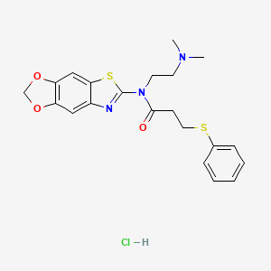 molecular formula C21H24ClN3O3S2 B2788729 N-([1,3]dioxolo[4',5':4,5]benzo[1,2-d]thiazol-6-yl)-N-(2-(dimethylamino)ethyl)-3-(phenylthio)propanamide hydrochloride CAS No. 1216500-51-4