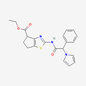 molecular formula C21H21N3O3S B2788751 ethyl 2-(2-phenyl-2-(1H-pyrrol-1-yl)acetamido)-5,6-dihydro-4H-cyclopenta[d]thiazole-4-carboxylate CAS No. 1286695-40-6