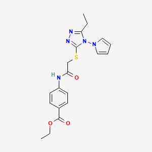 molecular formula C19H21N5O3S B2788846 Ethyl 4-[[2-[(5-ethyl-4-pyrrol-1-yl-1,2,4-triazol-3-yl)sulfanyl]acetyl]amino]benzoate CAS No. 896292-84-5