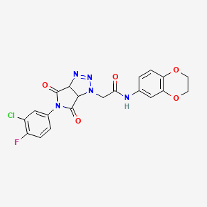 molecular formula C20H15ClFN5O5 B2788917 2-[5-(3-chloro-4-fluorophenyl)-4,6-dioxo-4,5,6,6a-tetrahydropyrrolo[3,4-d][1,2,3]triazol-1(3aH)-yl]-N-(2,3-dihydro-1,4-benzodioxin-6-yl)acetamide CAS No. 1052608-34-0