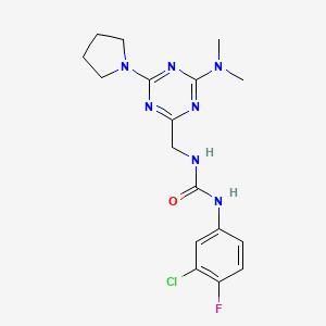 molecular formula C17H21ClFN7O B2788928 1-(3-Chloro-4-fluorophenyl)-3-((4-(dimethylamino)-6-(pyrrolidin-1-yl)-1,3,5-triazin-2-yl)methyl)urea CAS No. 2034574-29-1