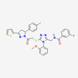 3-fluoro-N-((4-(2-methoxyphenyl)-5-((2-oxo-2-(3-(thiophen-2-yl)-5-(p-tolyl)-4,5-dihydro-1H-pyrazol-1-yl)ethyl)thio)-4H-1,2,4-triazol-3-yl)methyl)benzamide