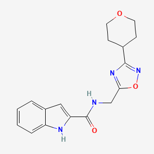 molecular formula C17H18N4O3 B2788977 N-((3-(tetrahydro-2H-pyran-4-yl)-1,2,4-oxadiazol-5-yl)methyl)-1H-indole-2-carboxamide CAS No. 2034462-21-8