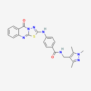 molecular formula C23H21N7O2S B2788998 4-((5-oxo-5H-[1,3,4]thiadiazolo[2,3-b]quinazolin-2-yl)amino)-N-((1,3,5-trimethyl-1H-pyrazol-4-yl)methyl)benzamide CAS No. 1173778-20-5