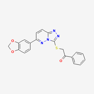 molecular formula C20H14N4O3S B2789015 2-((6-(Benzo[d][1,3]dioxol-5-yl)-[1,2,4]triazolo[4,3-b]pyridazin-3-yl)thio)-1-phenylethanone CAS No. 894065-55-5