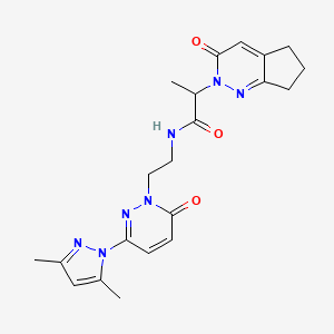 molecular formula C21H25N7O3 B2789144 N-(2-(3-(3,5-dimethyl-1H-pyrazol-1-yl)-6-oxopyridazin-1(6H)-yl)ethyl)-2-(3-oxo-3,5,6,7-tetrahydro-2H-cyclopenta[c]pyridazin-2-yl)propanamide CAS No. 2097901-98-7