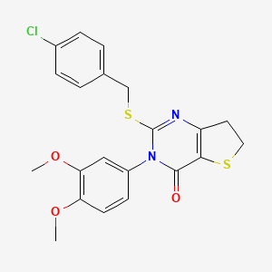 molecular formula C21H19ClN2O3S2 B2789248 2-((4-chlorobenzyl)thio)-3-(3,4-dimethoxyphenyl)-6,7-dihydrothieno[3,2-d]pyrimidin-4(3H)-one CAS No. 877656-22-9