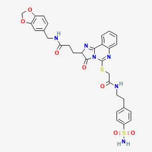 molecular formula C31H30N6O7S2 B2789258 N-[(2H-1,3-benzodioxol-5-yl)methyl]-3-{3-oxo-5-[({[2-(4-sulfamoylphenyl)ethyl]carbamoyl}methyl)sulfanyl]-2H,3H-imidazo[1,2-c]quinazolin-2-yl}propanamide CAS No. 1107510-20-2