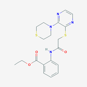 molecular formula C19H22N4O3S2 B2789324 Ethyl 2-(2-((3-thiomorpholinopyrazin-2-yl)thio)acetamido)benzoate CAS No. 1030116-74-5