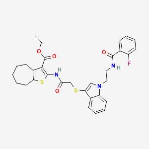 ethyl 2-(2-((1-(2-(2-fluorobenzamido)ethyl)-1H-indol-3-yl)thio)acetamido)-5,6,7,8-tetrahydro-4H-cyclohepta[b]thiophene-3-carboxylate