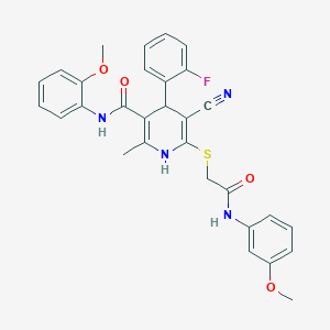molecular formula C30H27FN4O4S B2789388 5-cyano-4-(2-fluorophenyl)-N-(2-methoxyphenyl)-6-((2-((3-methoxyphenyl)amino)-2-oxoethyl)thio)-2-methyl-1,4-dihydropyridine-3-carboxamide CAS No. 442557-55-3
