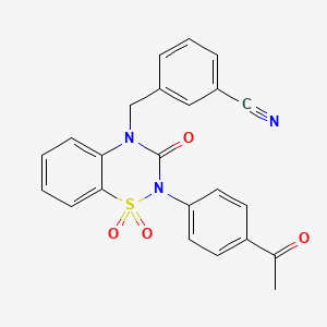 B2789443 3-((2-(4-acetylphenyl)-1,1-dioxido-3-oxo-2H-benzo[e][1,2,4]thiadiazin-4(3H)-yl)methyl)benzonitrile CAS No. 896685-31-7