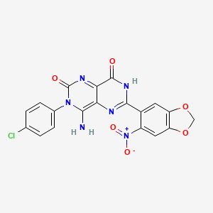 molecular formula C19H11ClN6O6 B2789456 3-(4-Chlorophenyl)-4-imino-6-(6-nitrobenzo[d]1,3-dioxolen-5-yl)-1,3,7-trihydro-5,7-diazaquinazoline-2,8-dione CAS No. 1119391-61-5