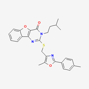 molecular formula C27H27N3O3S B2789457 3-isopentyl-2-(((5-methyl-2-(p-tolyl)oxazol-4-yl)methyl)thio)benzofuro[3,2-d]pyrimidin-4(3H)-one CAS No. 1029792-05-9