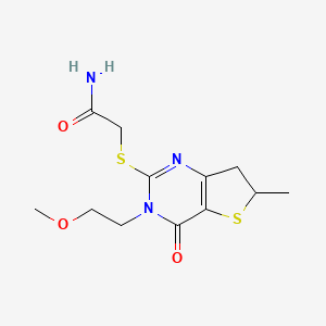 molecular formula C12H17N3O3S2 B2789526 2-((3-(2-Methoxyethyl)-6-methyl-4-oxo-3,4,6,7-tetrahydrothieno[3,2-d]pyrimidin-2-yl)thio)acetamide CAS No. 851410-24-7