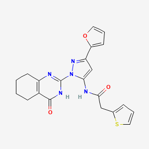 molecular formula C21H19N5O3S B2789538 N-(3-(furan-2-yl)-1-(4-oxo-3,4,5,6,7,8-hexahydroquinazolin-2-yl)-1H-pyrazol-5-yl)-2-(thiophen-2-yl)acetamide CAS No. 1207056-65-2