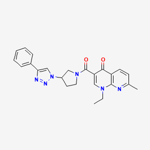 molecular formula C24H24N6O2 B2789629 1-ethyl-7-methyl-3-(3-(4-phenyl-1H-1,2,3-triazol-1-yl)pyrrolidine-1-carbonyl)-1,8-naphthyridin-4(1H)-one CAS No. 2034522-74-0