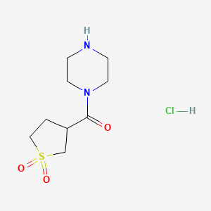 molecular formula C9H17ClN2O3S B2789675 3-(Piperazine-1-carbonyl)-1lambda6-thiolane-1,1-dione hydrochloride CAS No. 1049765-76-5