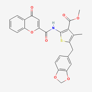 molecular formula C25H19NO7S B2789692 Methyl 5-(1,3-benzodioxol-5-ylmethyl)-4-methyl-2-[(4-oxochromene-2-carbonyl)amino]thiophene-3-carboxylate CAS No. 476366-98-0