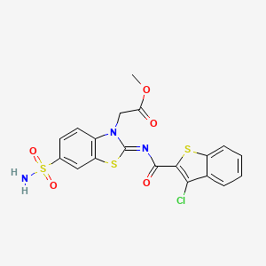 molecular formula C19H14ClN3O5S3 B2789701 (Z)-methyl 2-(2-((3-chlorobenzo[b]thiophene-2-carbonyl)imino)-6-sulfamoylbenzo[d]thiazol-3(2H)-yl)acetate CAS No. 1164529-29-6