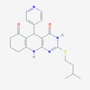 molecular formula C21H24N4O2S B2789726 2-(isopentylthio)-5-(pyridin-4-yl)-7,8,9,10-tetrahydropyrimido[4,5-b]quinoline-4,6(3H,5H)-dione CAS No. 631853-29-7