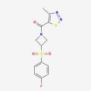 molecular formula C13H12FN3O3S2 B2789731 (3-((4-Fluorophenyl)sulfonyl)azetidin-1-yl)(4-methyl-1,2,3-thiadiazol-5-yl)methanone CAS No. 1797342-10-9