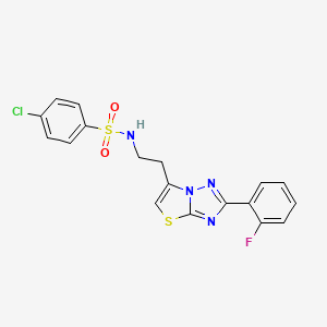 molecular formula C18H14ClFN4O2S2 B2789737 4-chloro-N-(2-(2-(2-fluorophenyl)thiazolo[3,2-b][1,2,4]triazol-6-yl)ethyl)benzenesulfonamide CAS No. 951449-12-0