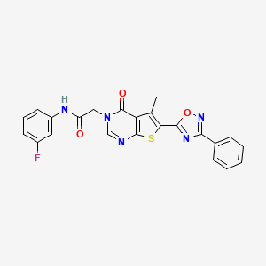 molecular formula C23H16FN5O3S B2789763 N-(3-fluorophenyl)-2-(5-methyl-4-oxo-6-(3-phenyl-1,2,4-oxadiazol-5-yl)thieno[2,3-d]pyrimidin-3(4H)-yl)acetamide CAS No. 1243077-20-4