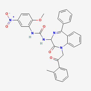 molecular formula C32H27N5O6 B2789784 N-(2,5-diaza-2-(2-(2-methylphenyl)-2-oxoethyl)-3-oxo-6-phenylbicyclo[5.4.0]undeca-1(7),5,8,10-tetraen-4-yl)((2-methoxy-5-nitrophenyl)amino)formamide CAS No. 1796929-45-7